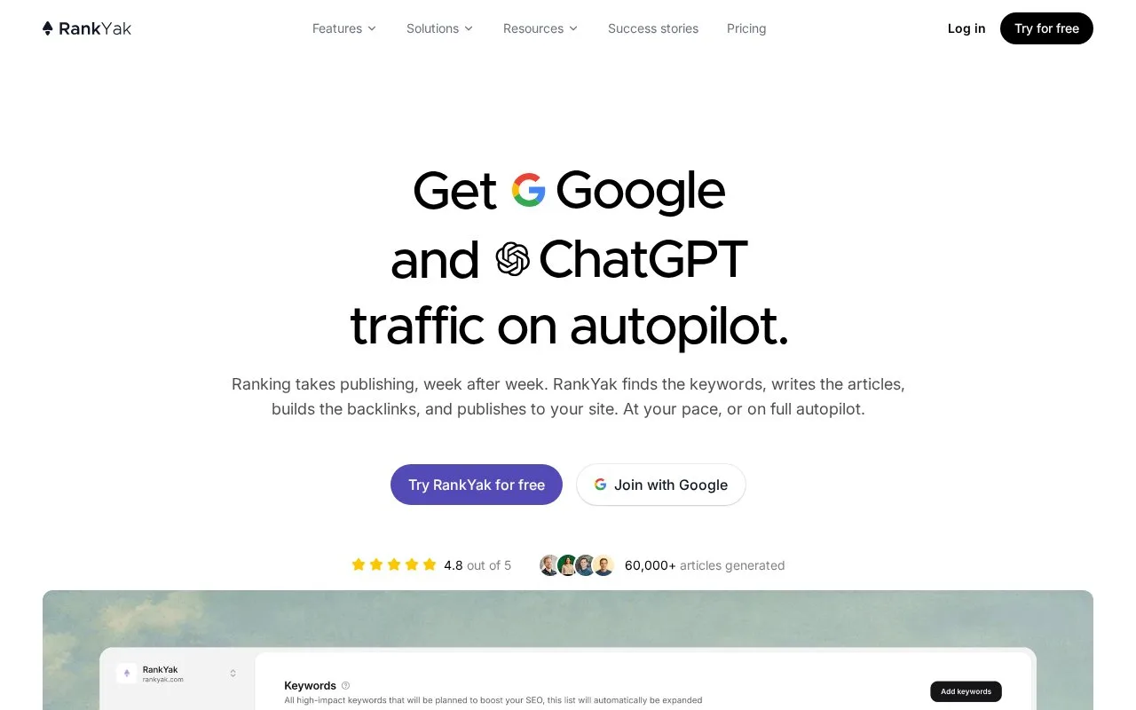 Screenshot of the RankYak homepage