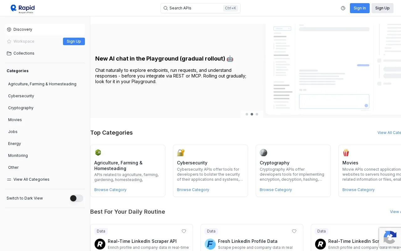 Screenshot of the Nokia API Hub (RapidAPI) homepage