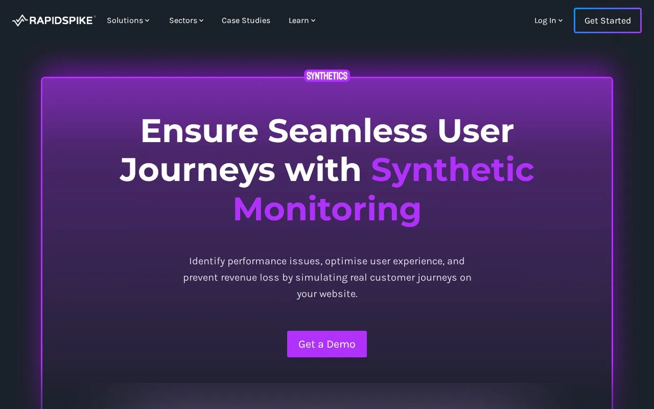 Screenshot of the RapidSpike Synthetics homepage