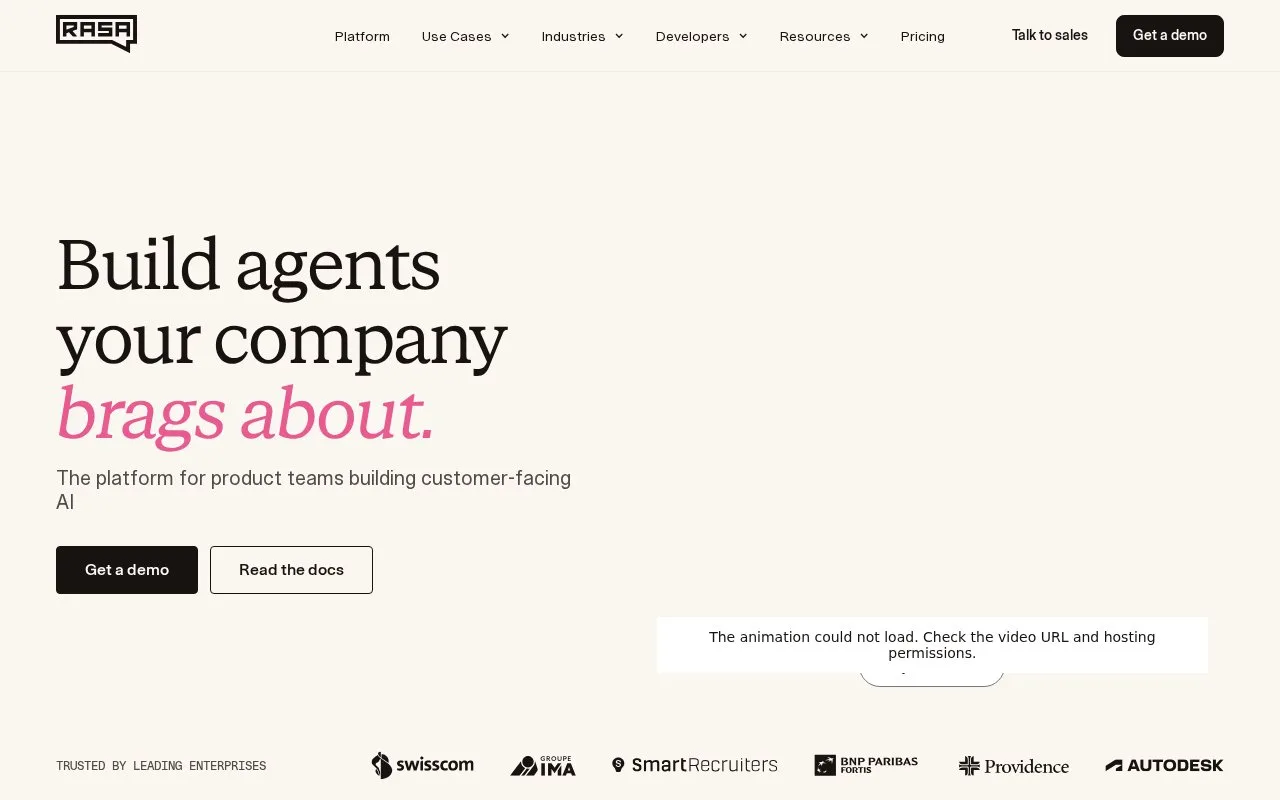 Screenshot of the Rasa homepage
