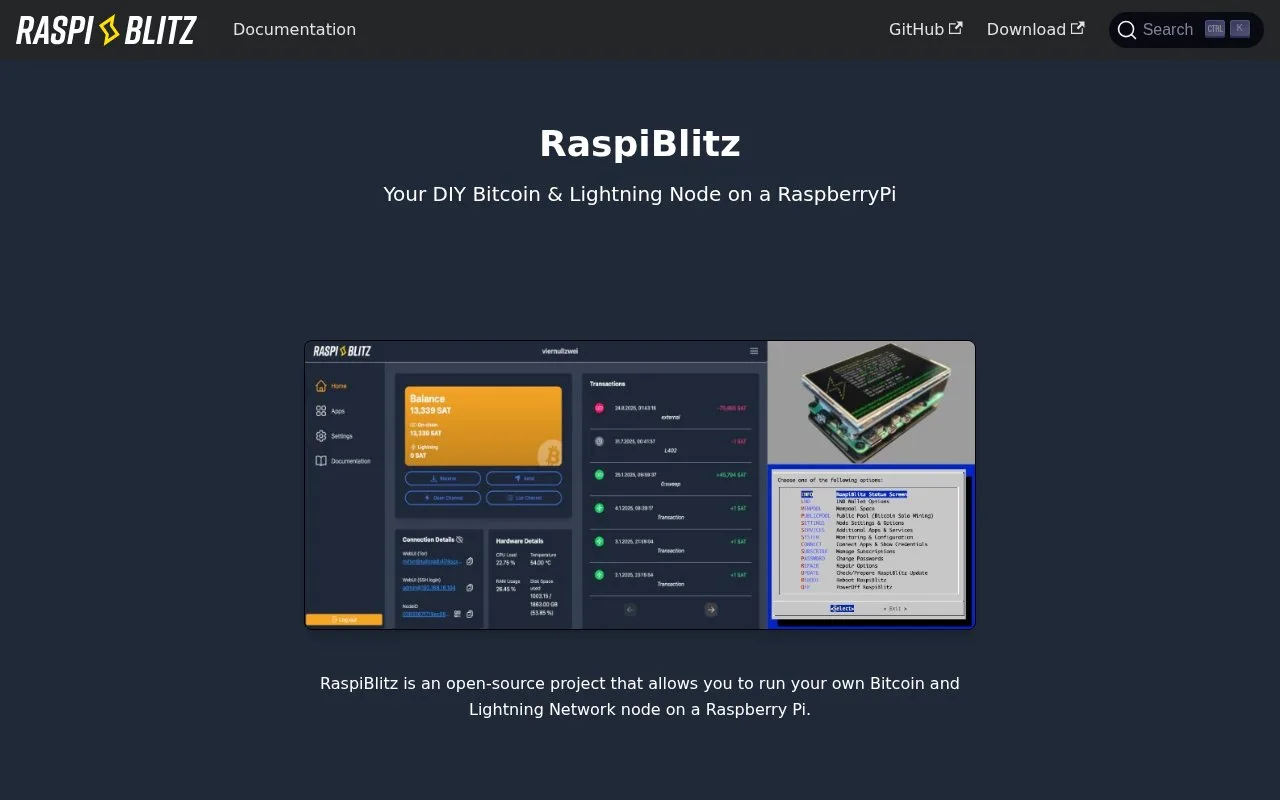 Screenshot of the RaspiBlitz homepage