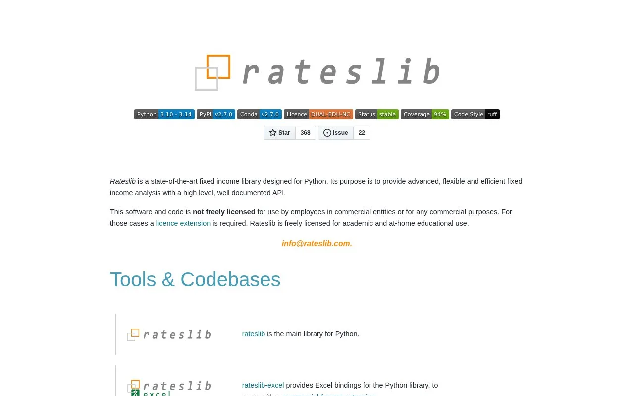 Screenshot of the rateslib homepage