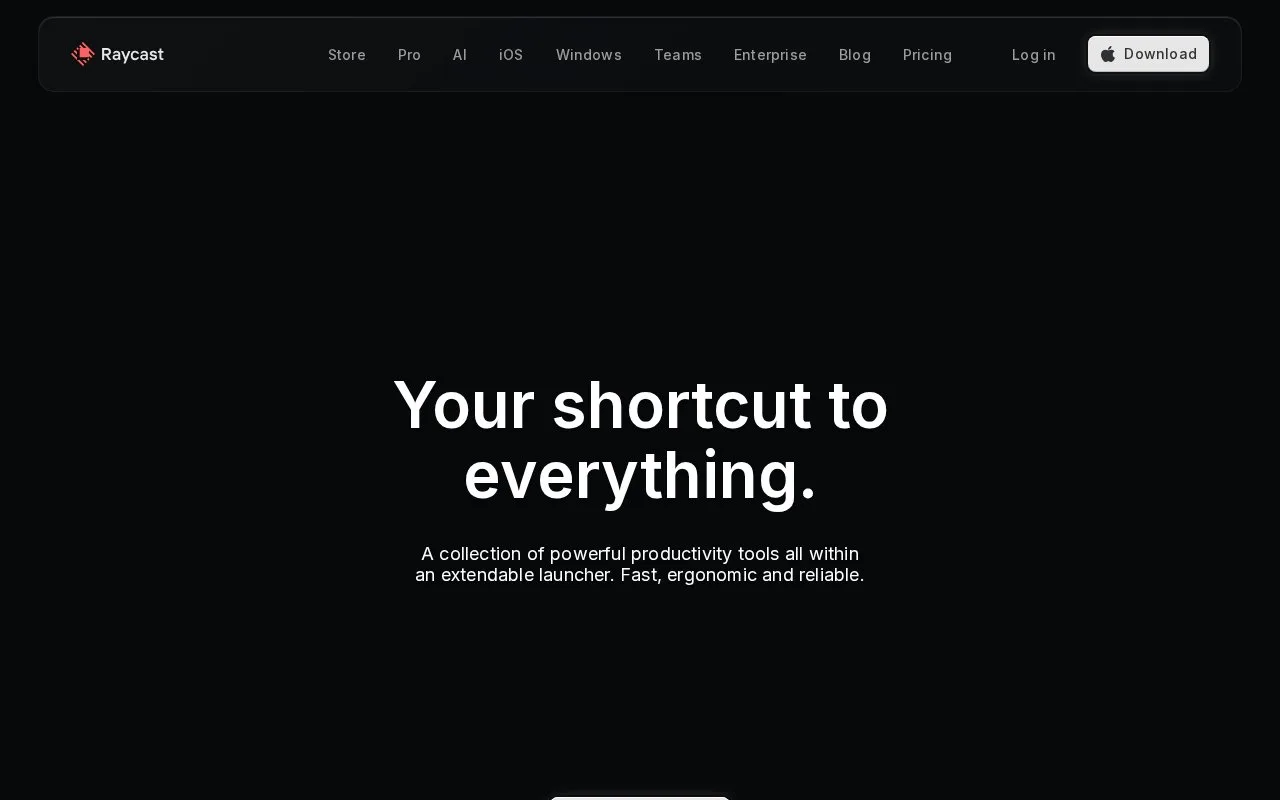 Screenshot of the Raycast homepage