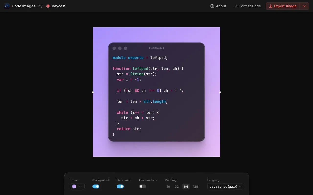 Screenshot of the ray.so Code Images homepage