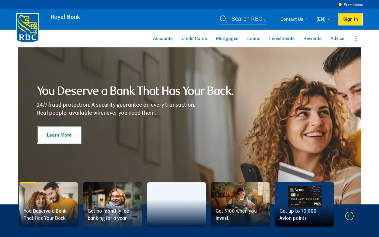 Screenshot of the RBC Royal Bank homepage