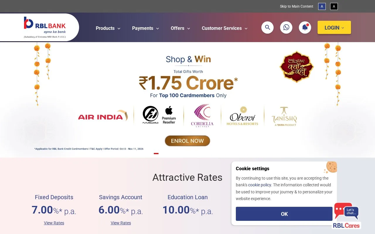 Screenshot of the RBL Bank homepage