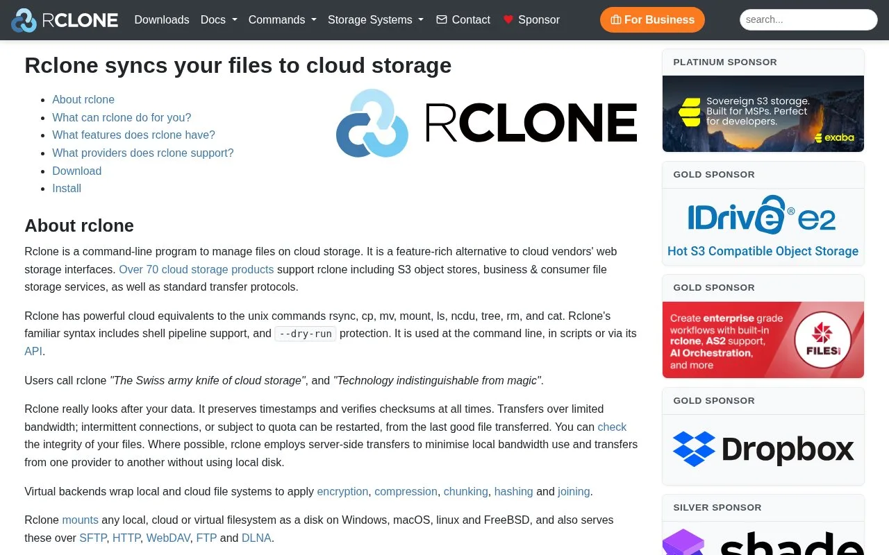 Screenshot of the rclone homepage