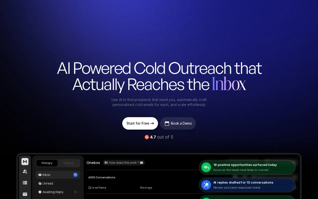 Screenshot of the ReachInbox homepage