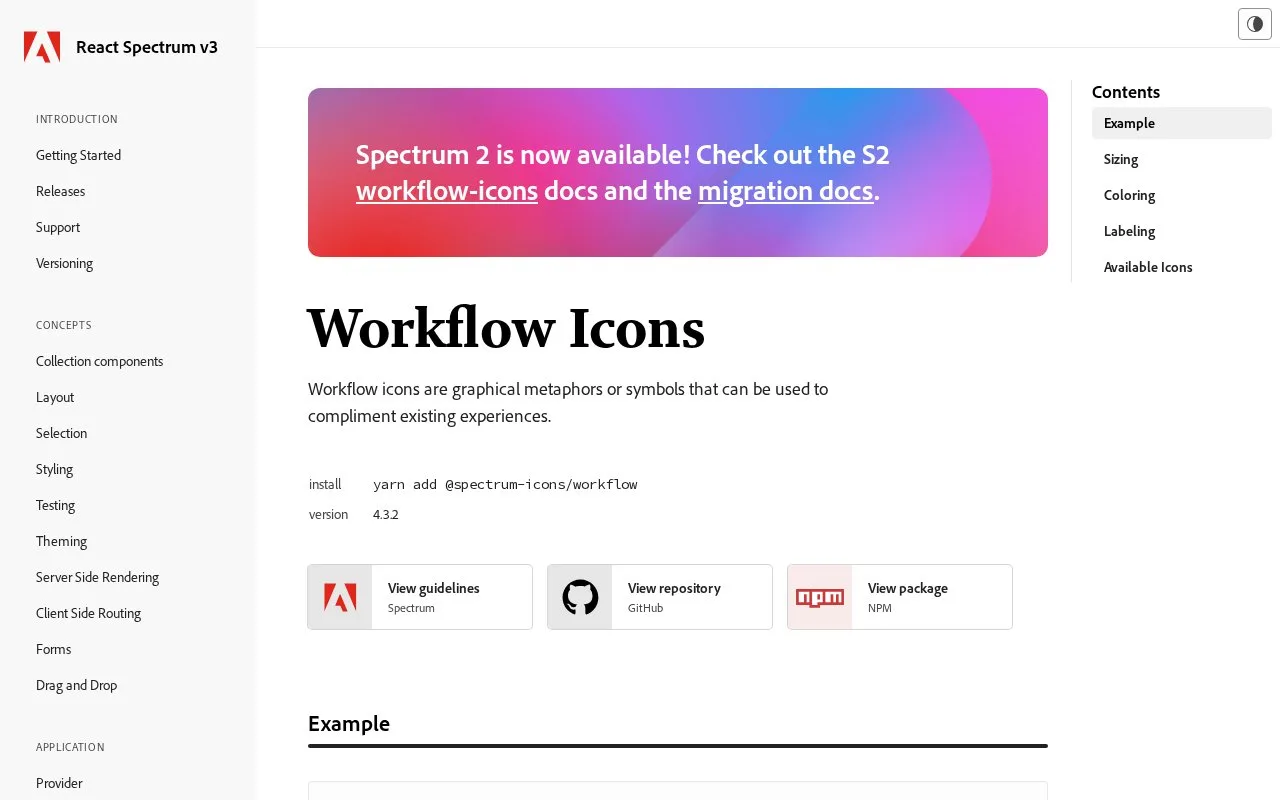 Screenshot of the Spectrum Workflow Icons homepage