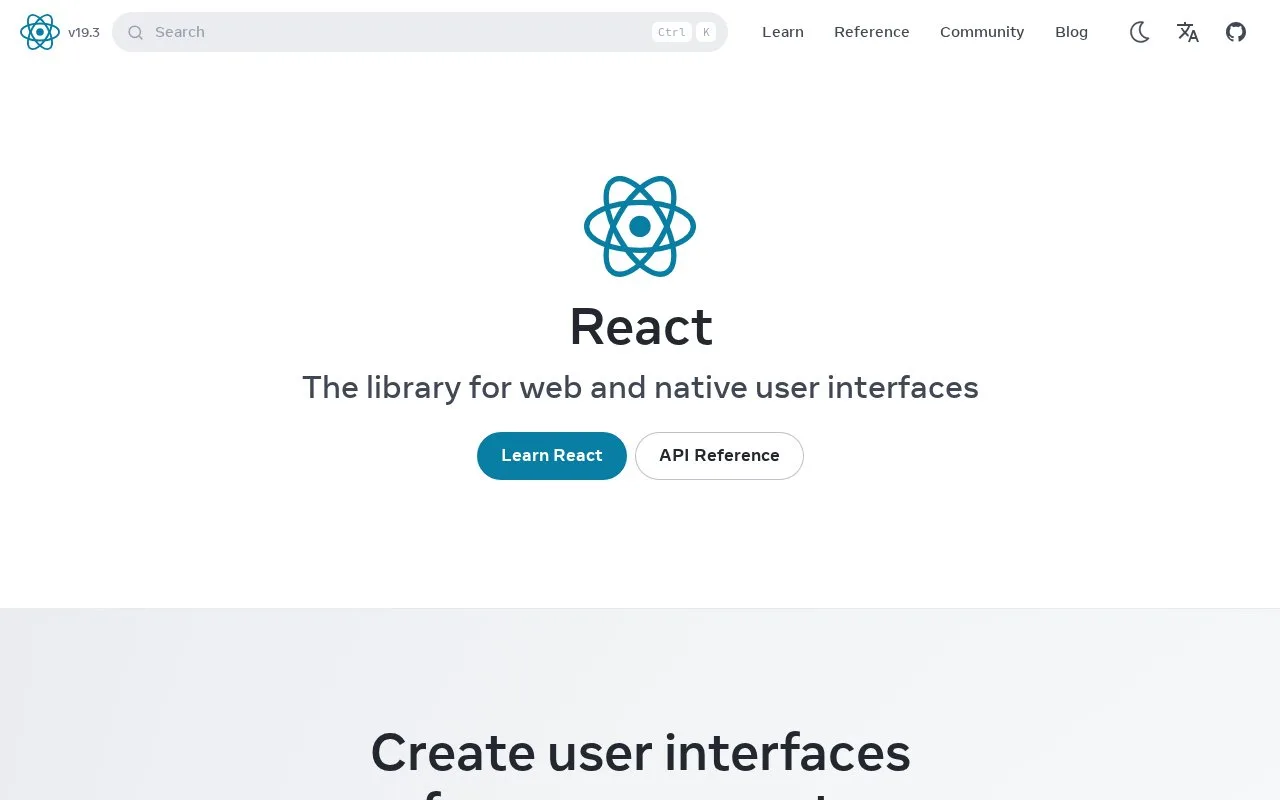 Screenshot of the React homepage