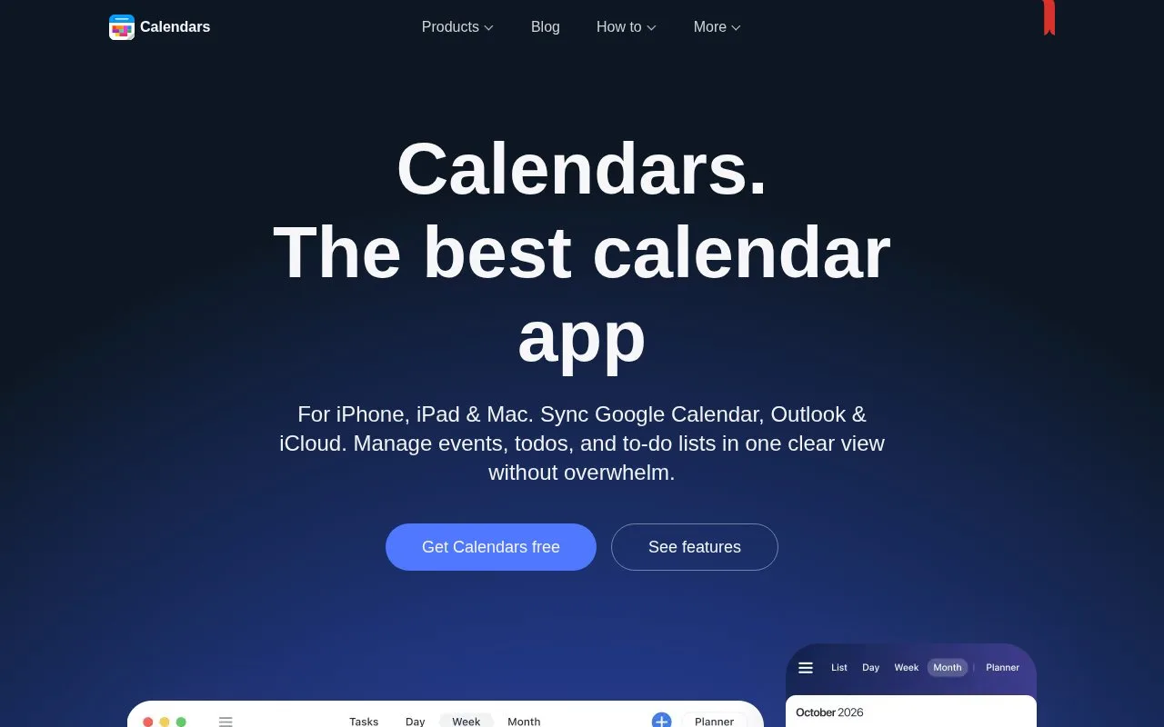 Screenshot of the Calendars by Readdle homepage