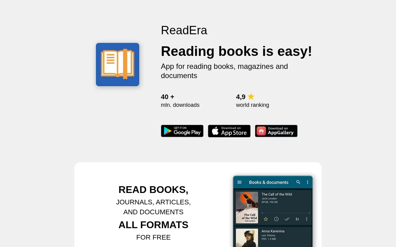 Screenshot of the ReadEra homepage