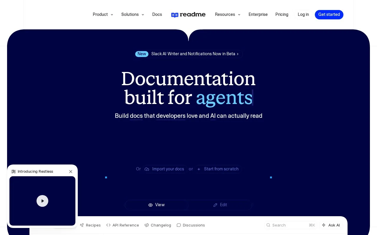 Screenshot of the ReadMe homepage