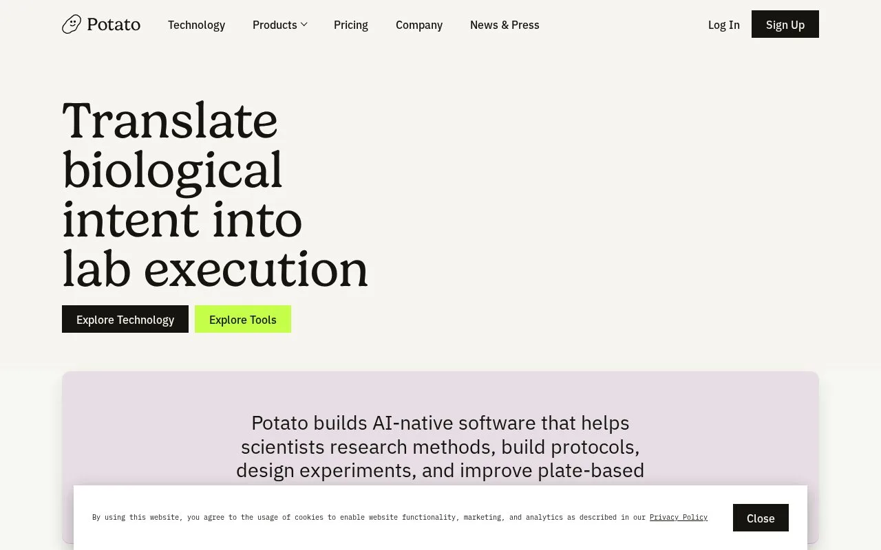Screenshot of the Potato homepage