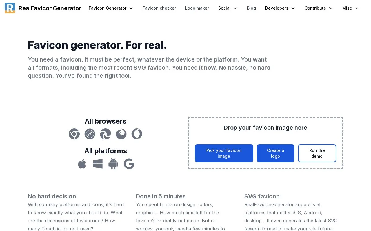 Screenshot of the RealFaviconGenerator homepage
