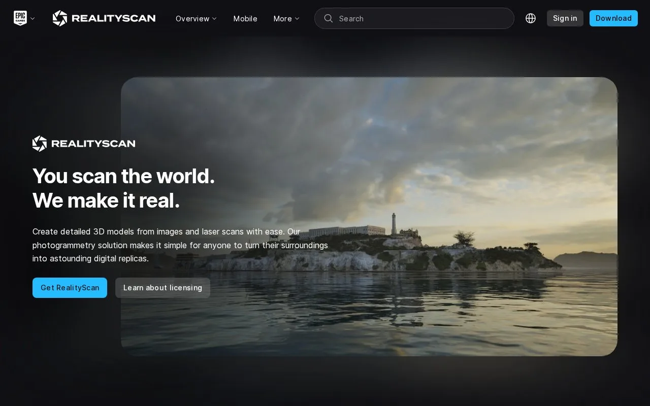 Screenshot of the RealityScan homepage