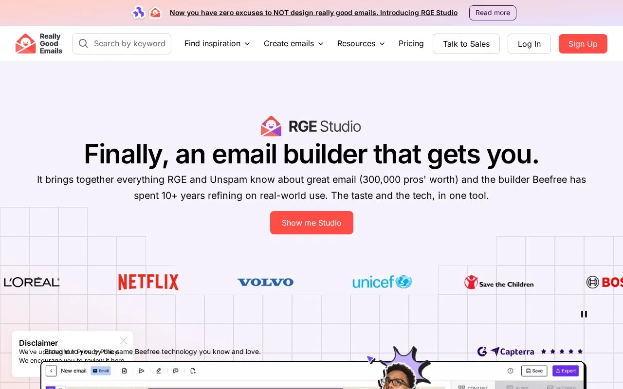 Screenshot of the RGE Studio homepage