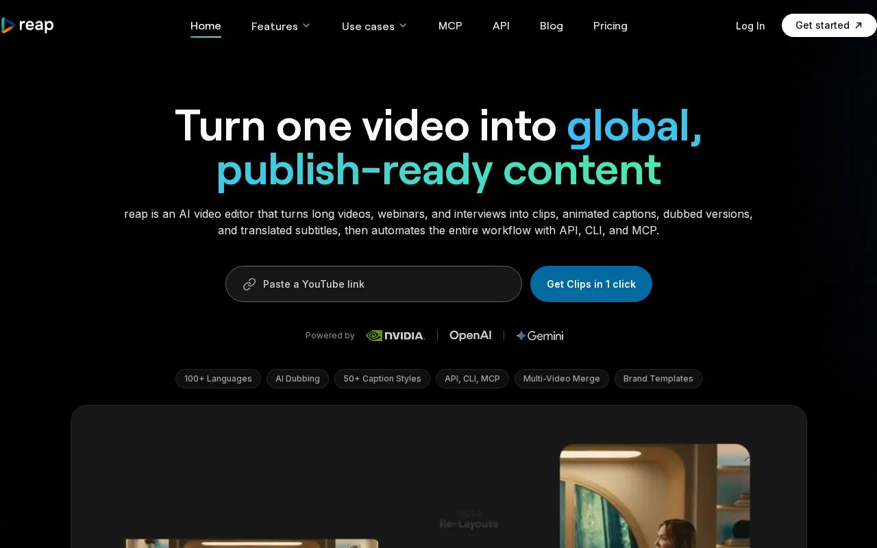 Screenshot of the reap homepage