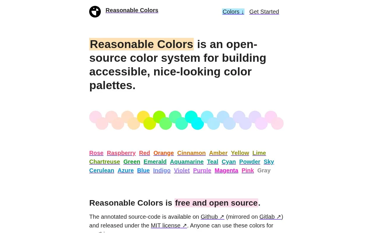 Screenshot of the Reasonable Colors homepage