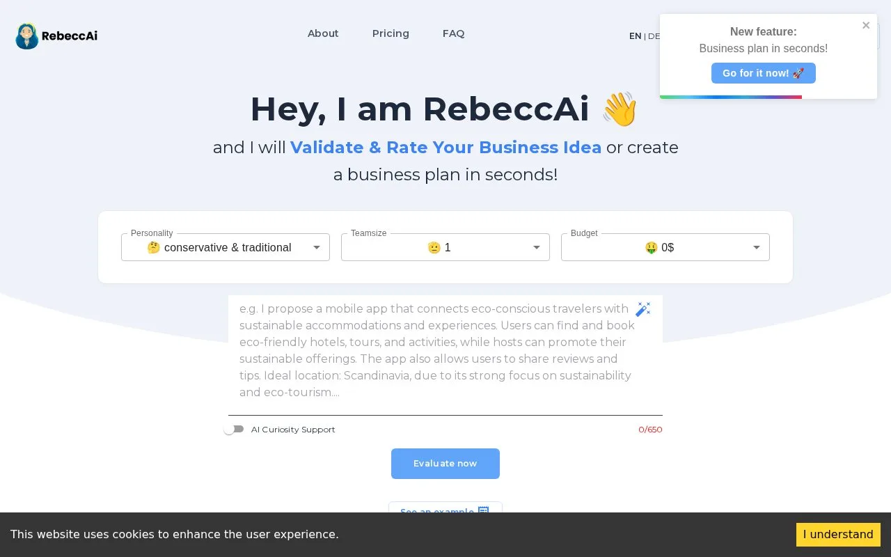 Screenshot of the RebeccAi homepage