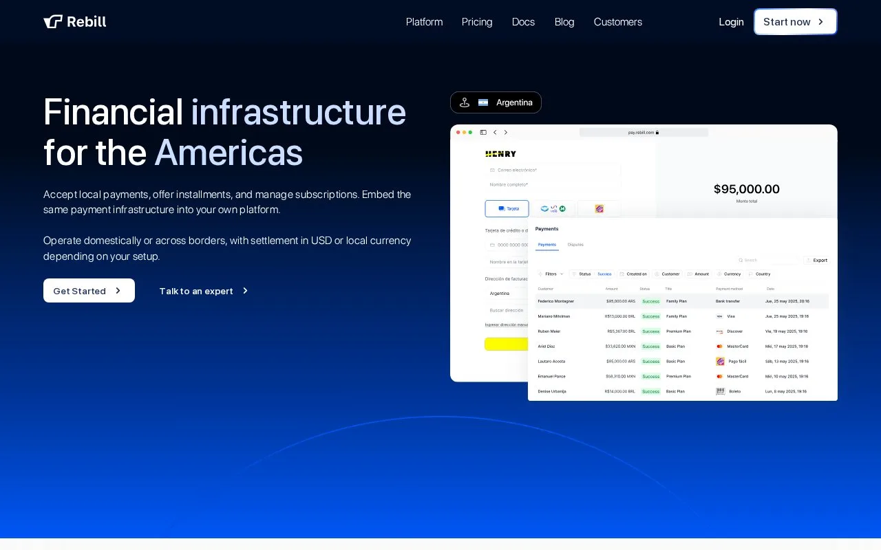 Screenshot of the Rebill homepage