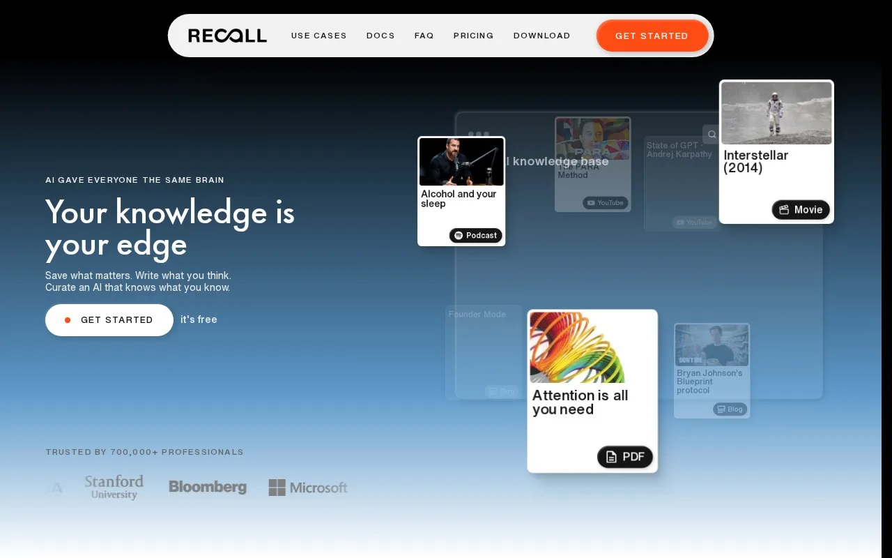 Screenshot of the Recall homepage