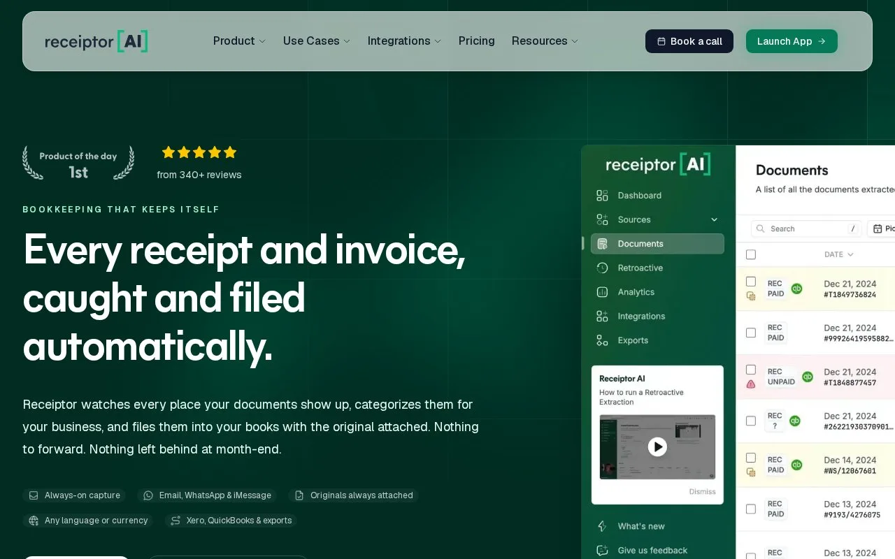 Screenshot of the Receiptor AI homepage