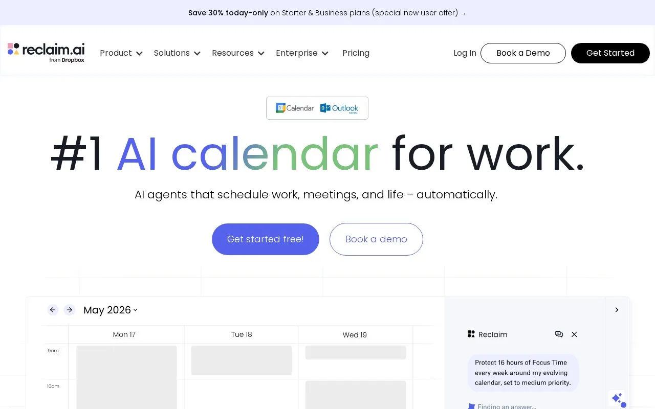 Screenshot of the Reclaim homepage