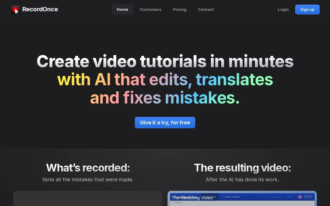 Screenshot of the RecordOnce homepage