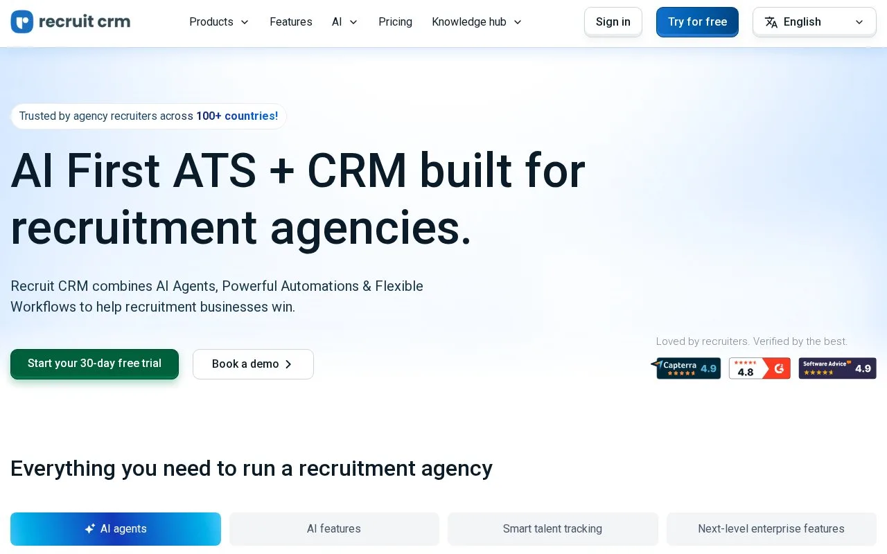 Screenshot of the Recruit CRM homepage