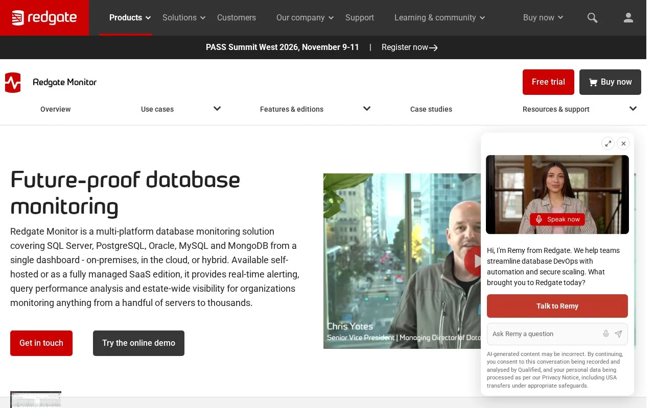 Screenshot of the Redgate Monitor homepage