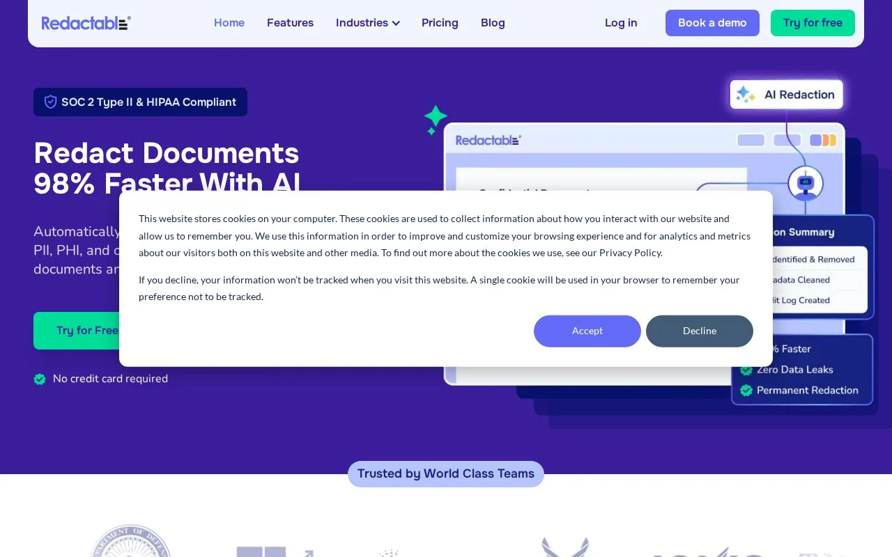 Screenshot of the Redactable homepage