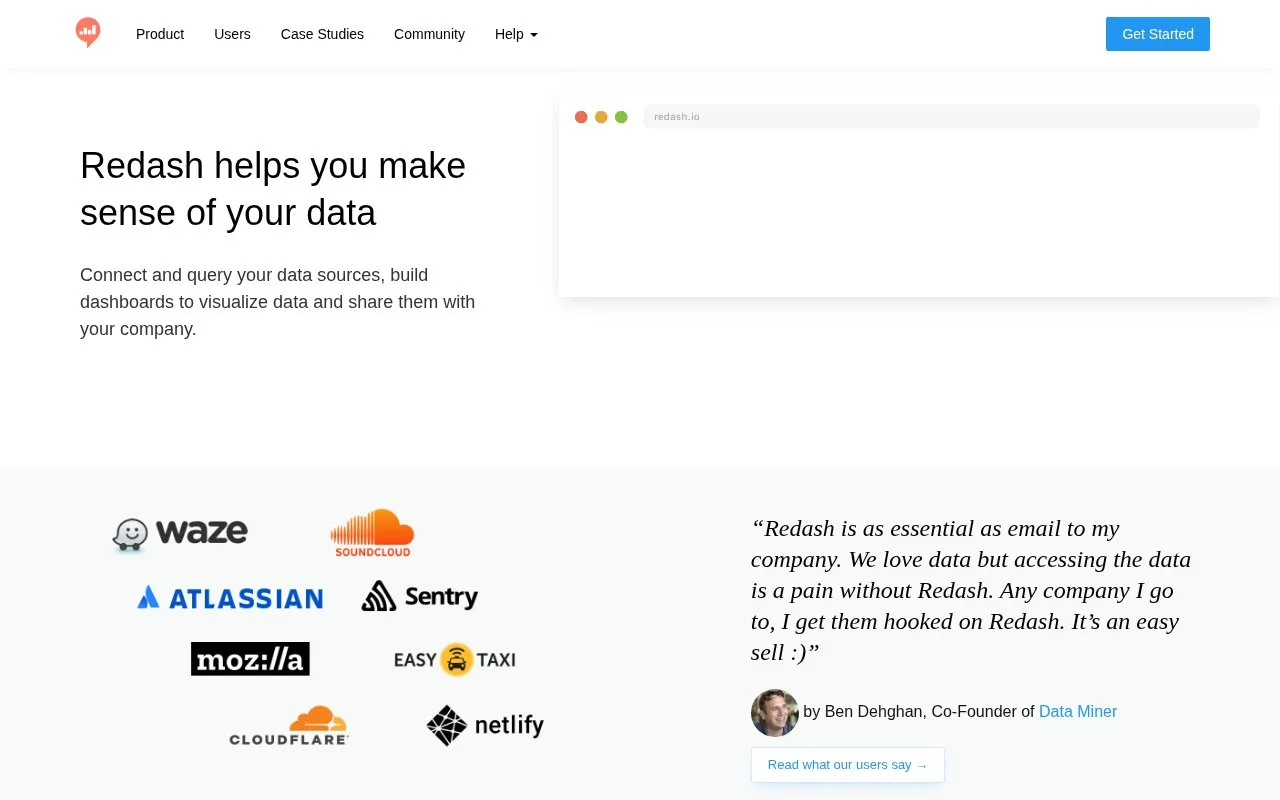 Screenshot of the Redash homepage