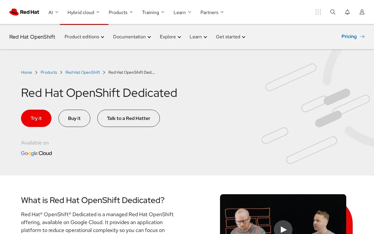 Screenshot of the Red Hat OpenShift Dedicated homepage