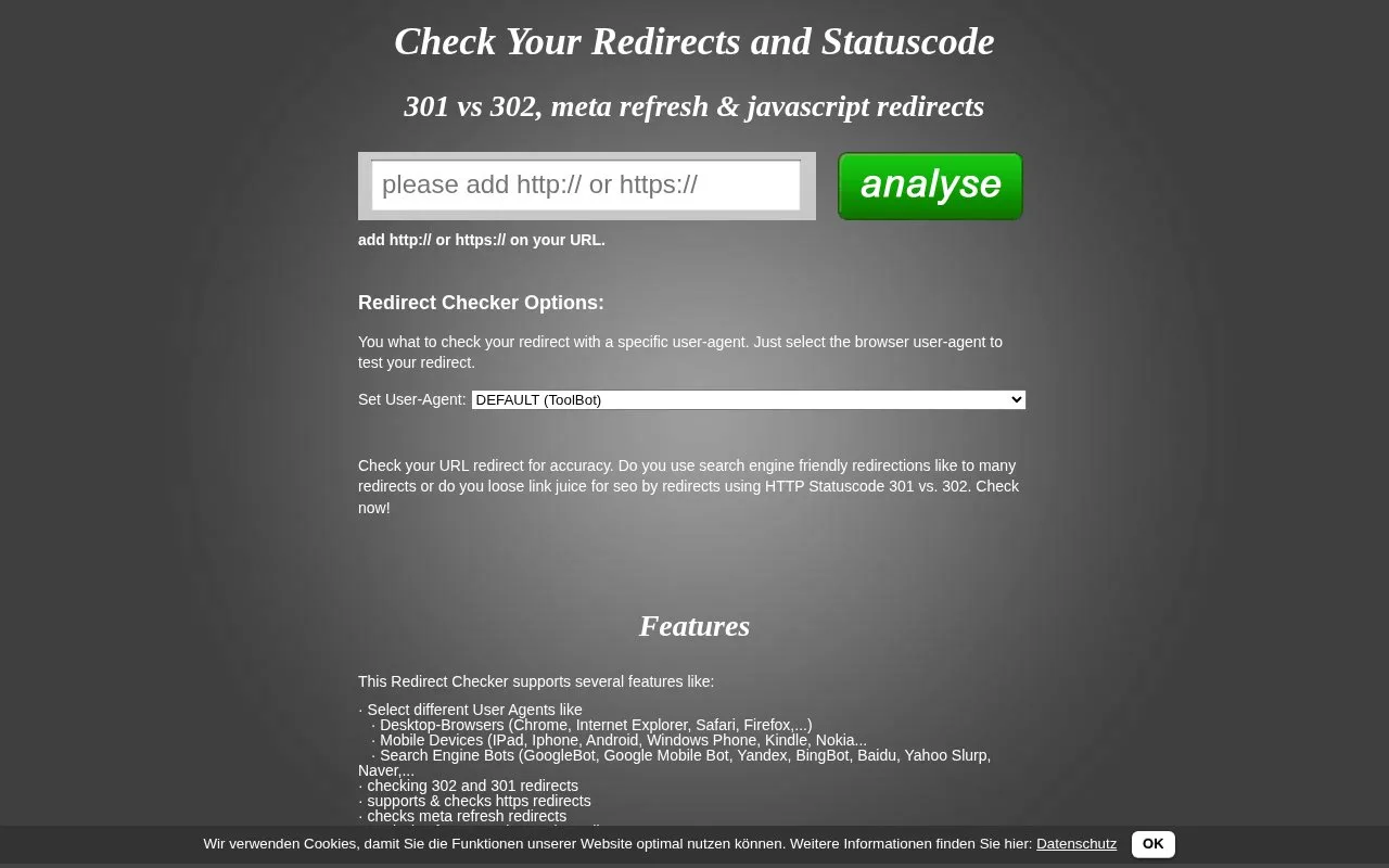 Screenshot of the Redirect Checker homepage