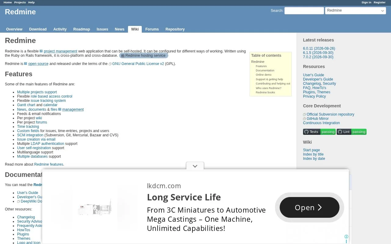 Screenshot of the Redmine homepage