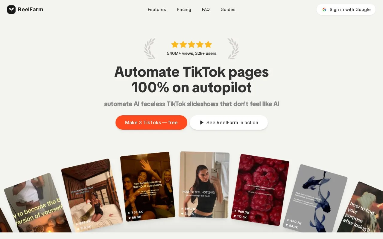 Screenshot of the ReelFarm homepage