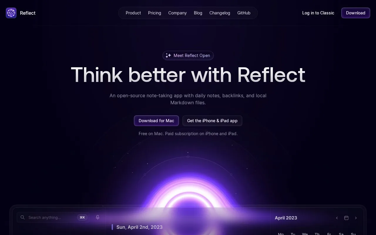 Screenshot of the Reflect Open homepage
