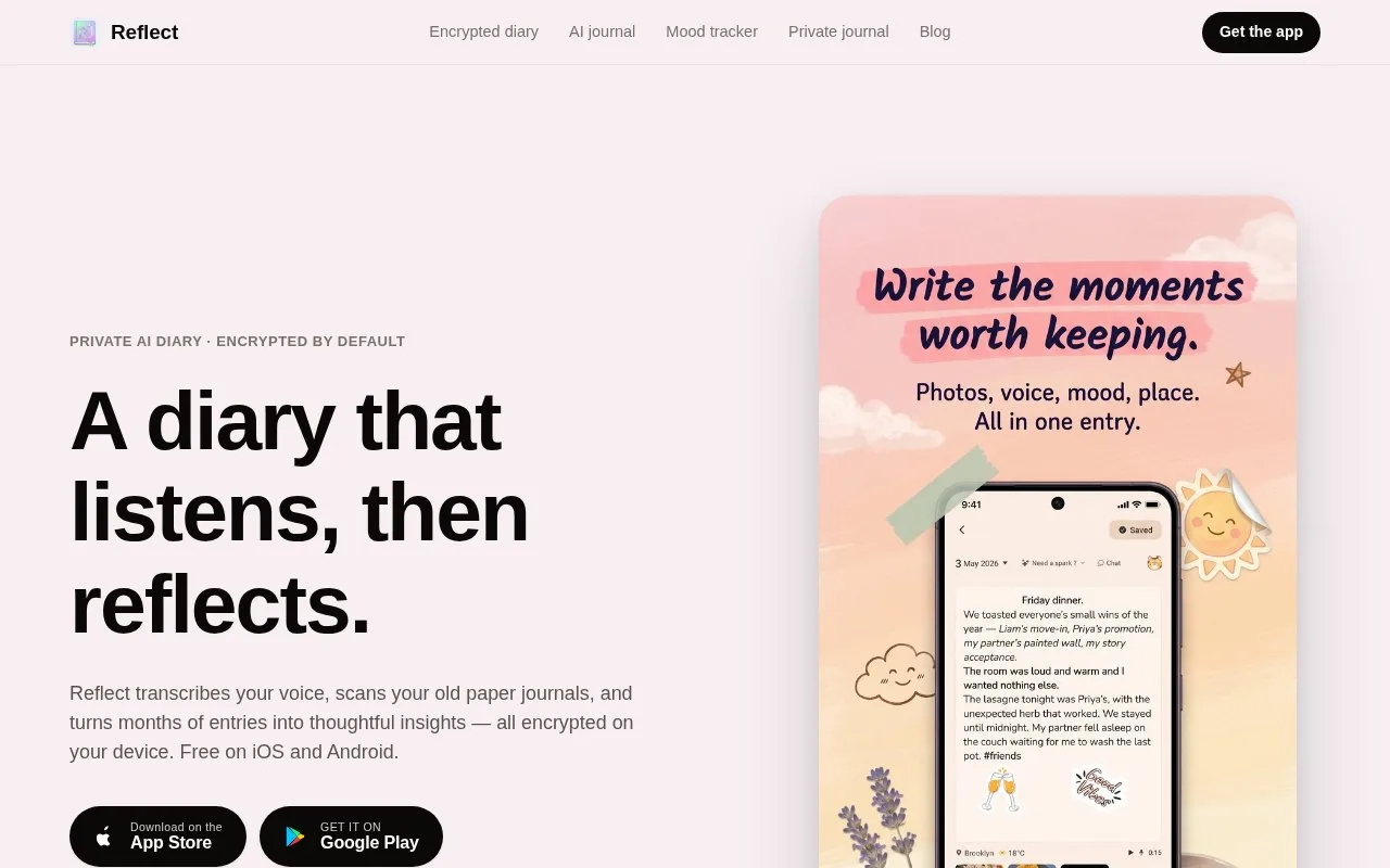 Screenshot of the Reflect Diary homepage
