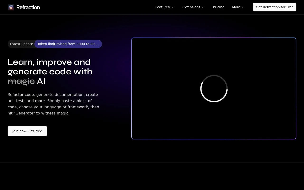 Screenshot of the Refraction homepage