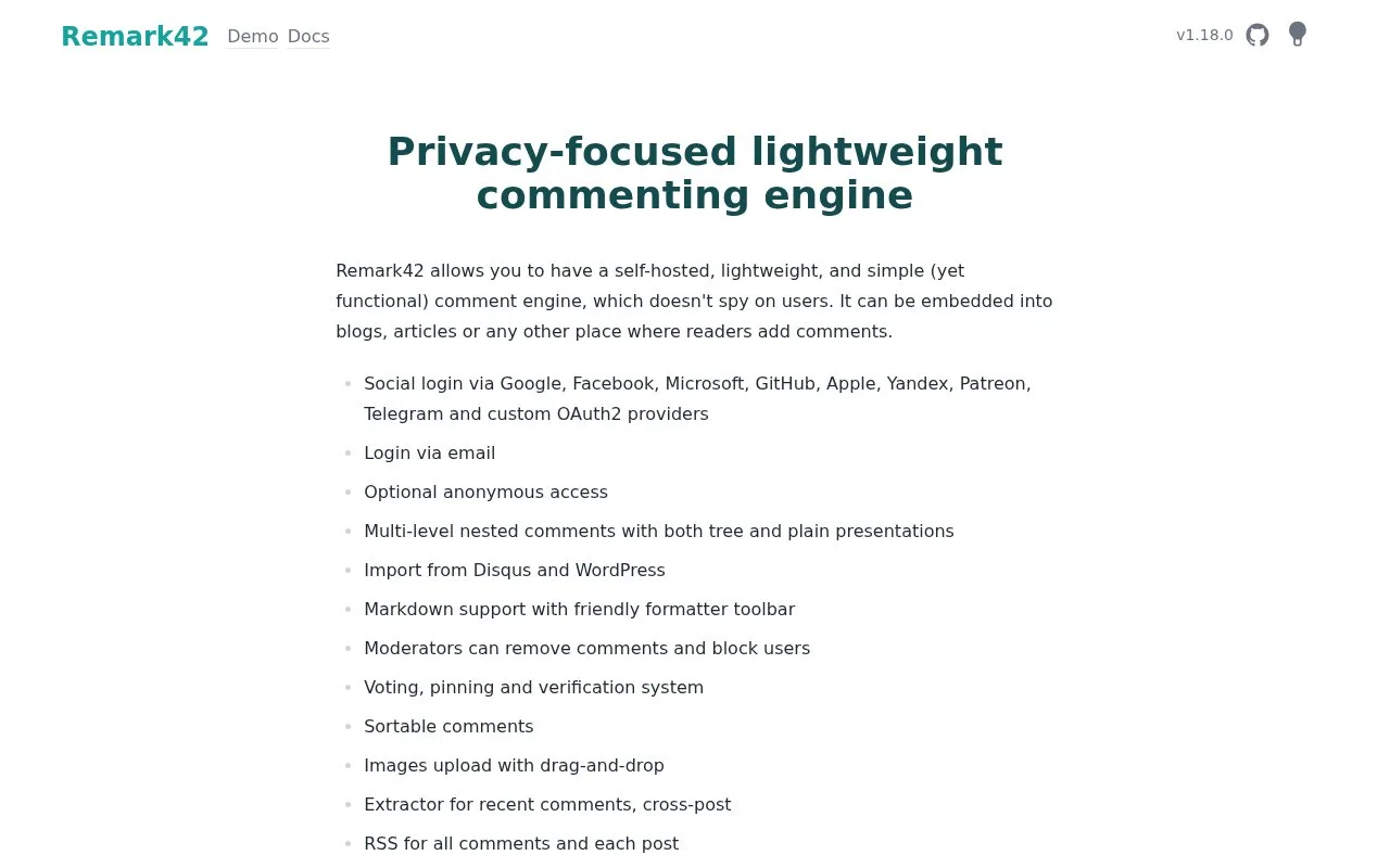 Screenshot of the Remark42 homepage
