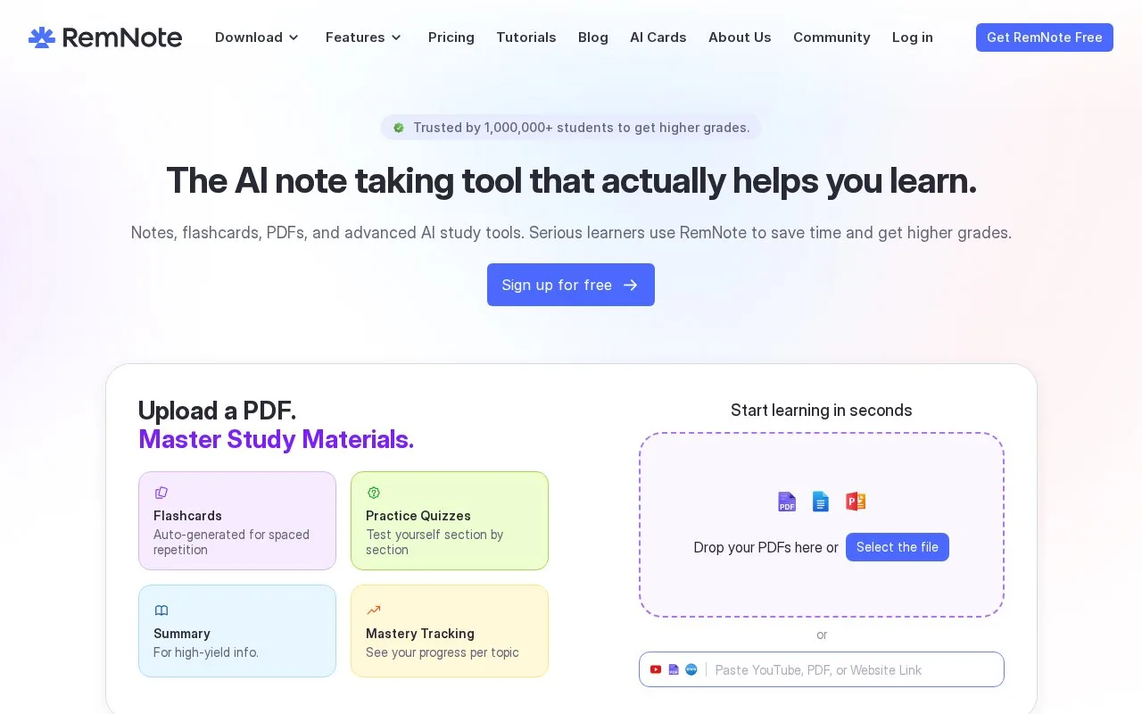 Screenshot of the RemNote homepage