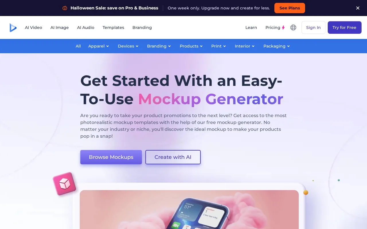 Screenshot of the Renderforest Mockup Generator homepage