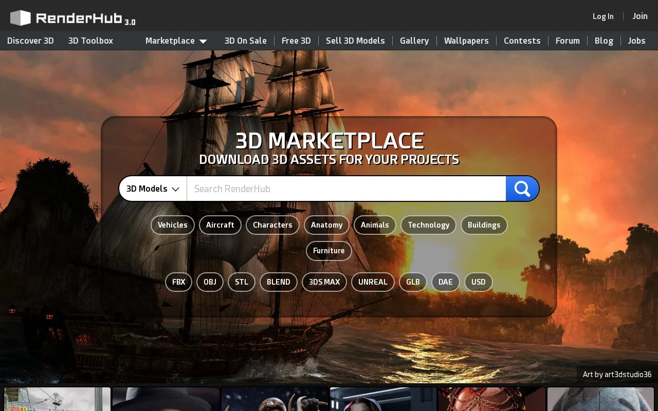Screenshot of the RenderHub homepage