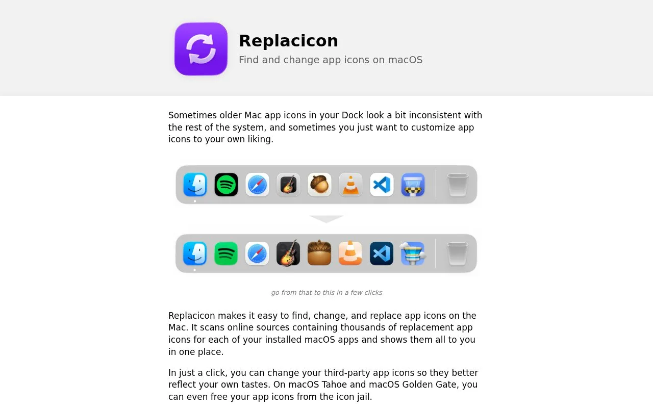 Screenshot of the Replacicon homepage