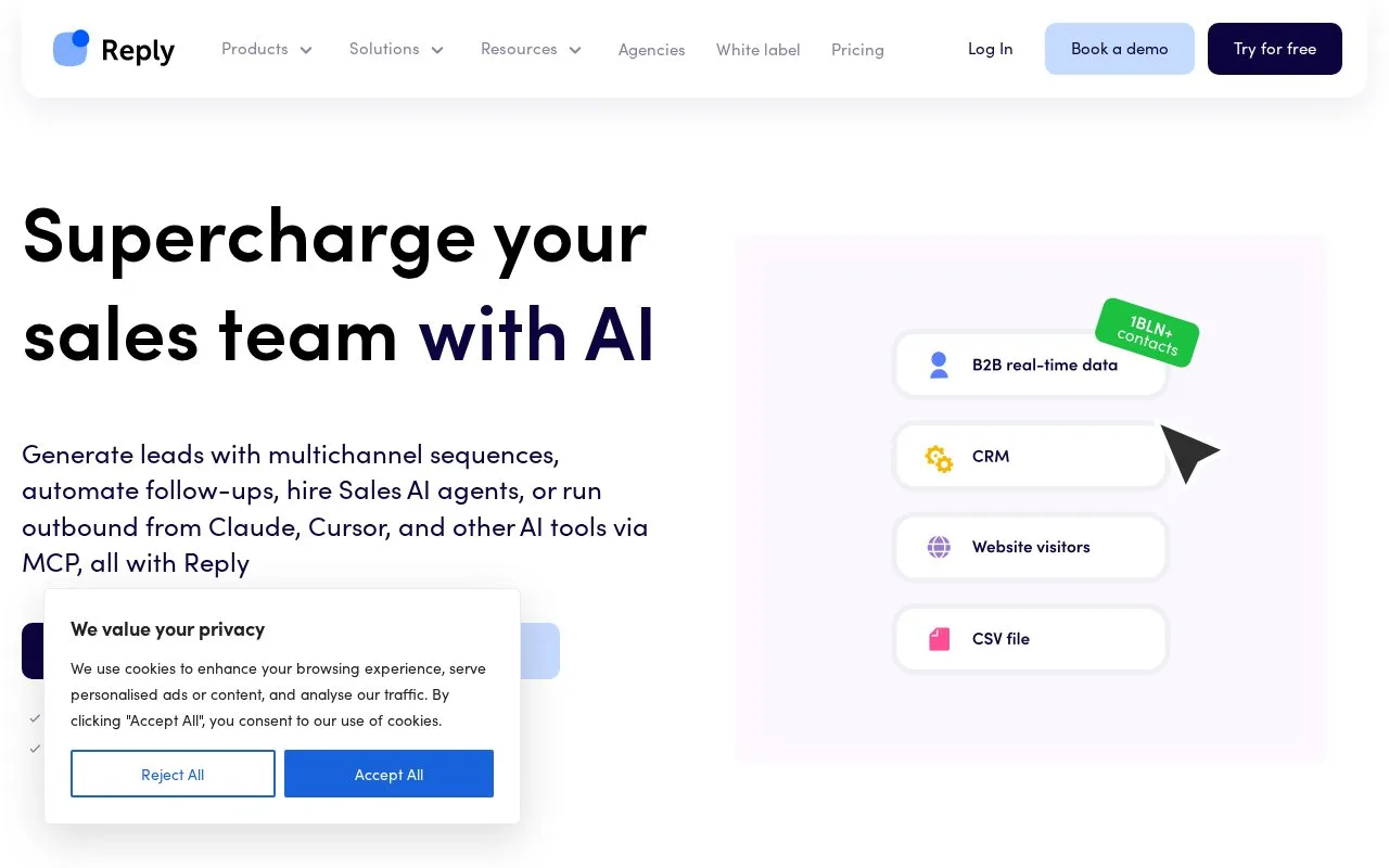 Screenshot of the Reply.io homepage