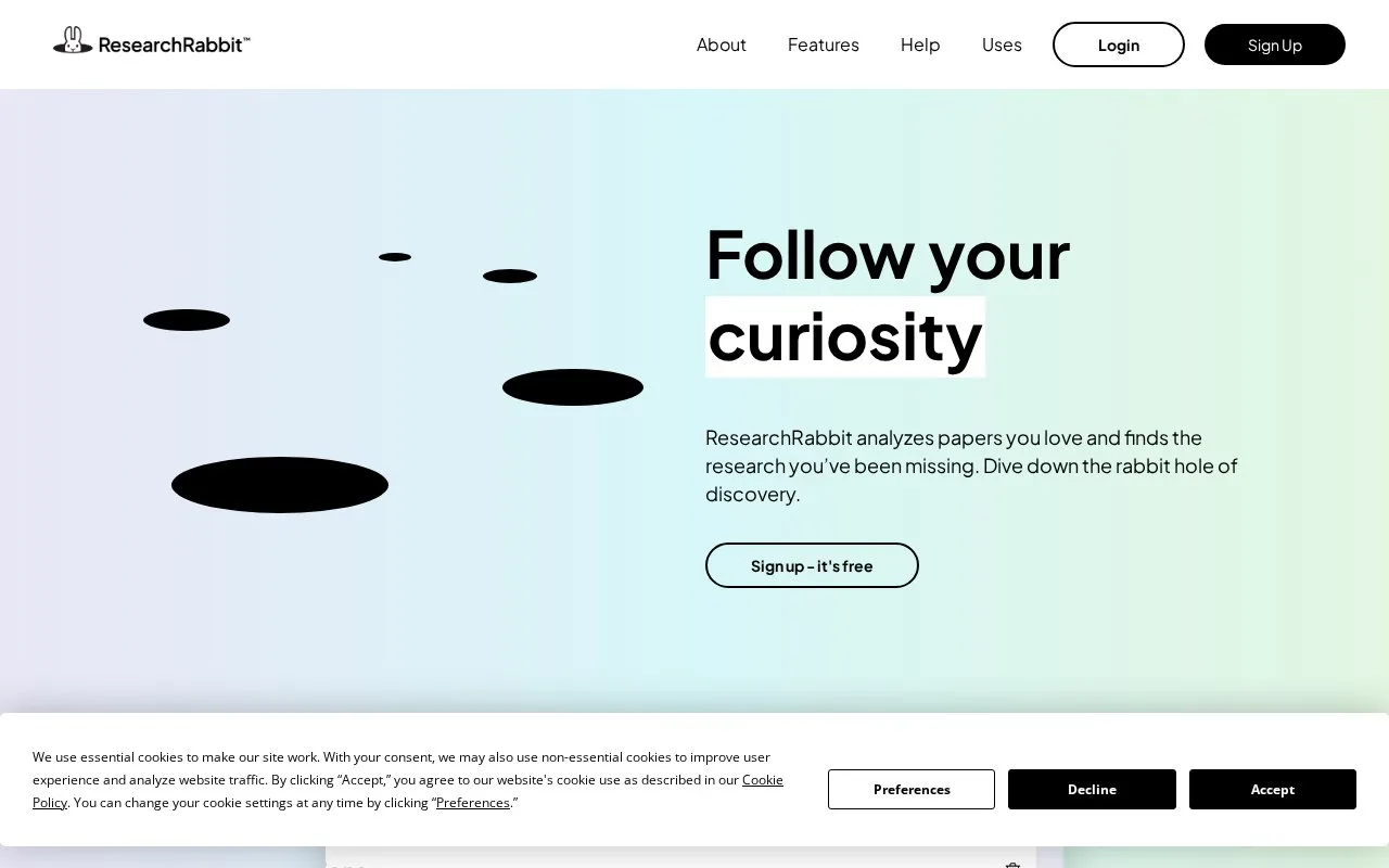 Screenshot of the ResearchRabbit homepage