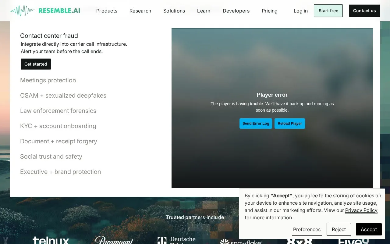 Screenshot of the Resemble AI homepage