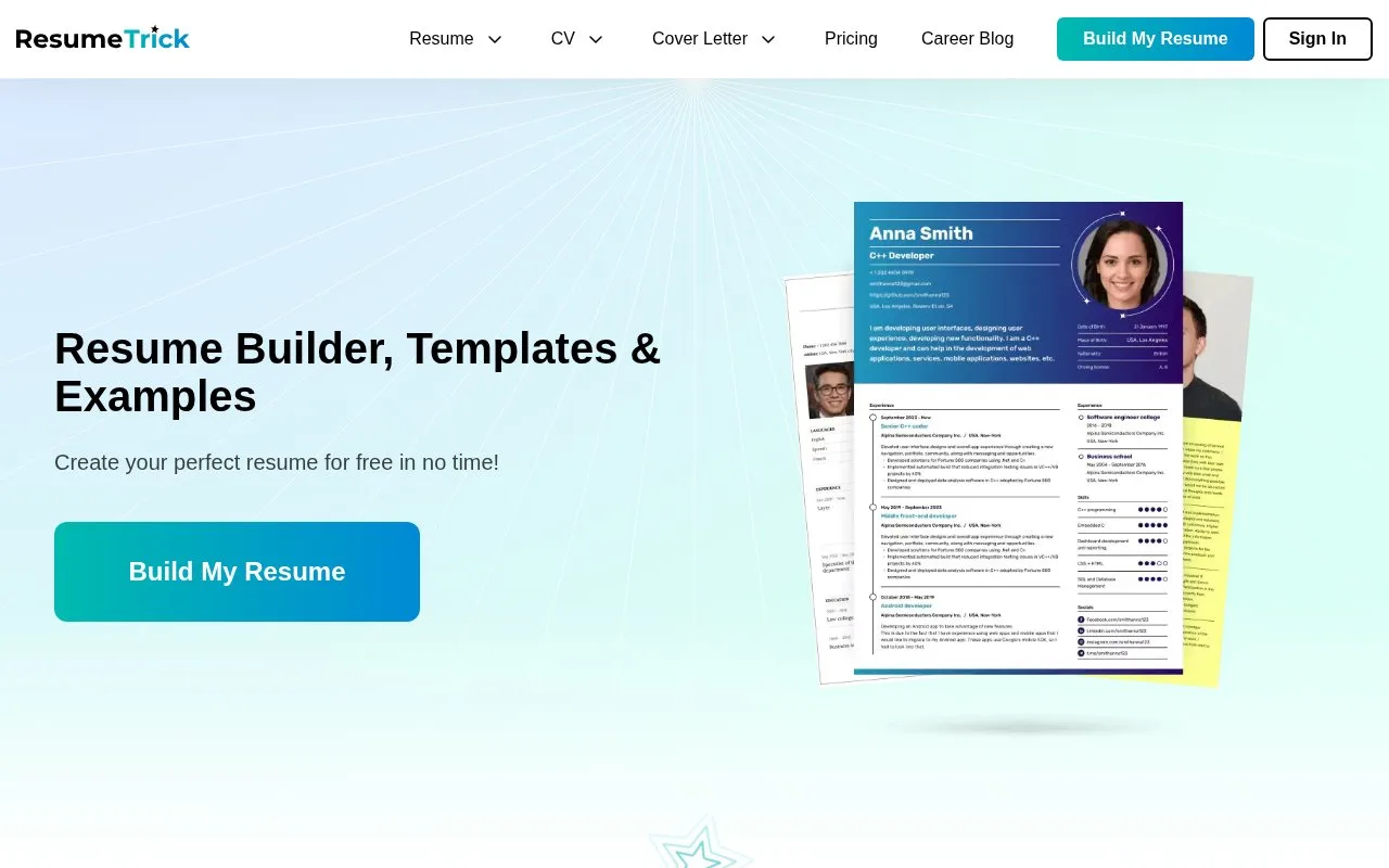 Screenshot of the Resume Trick homepage