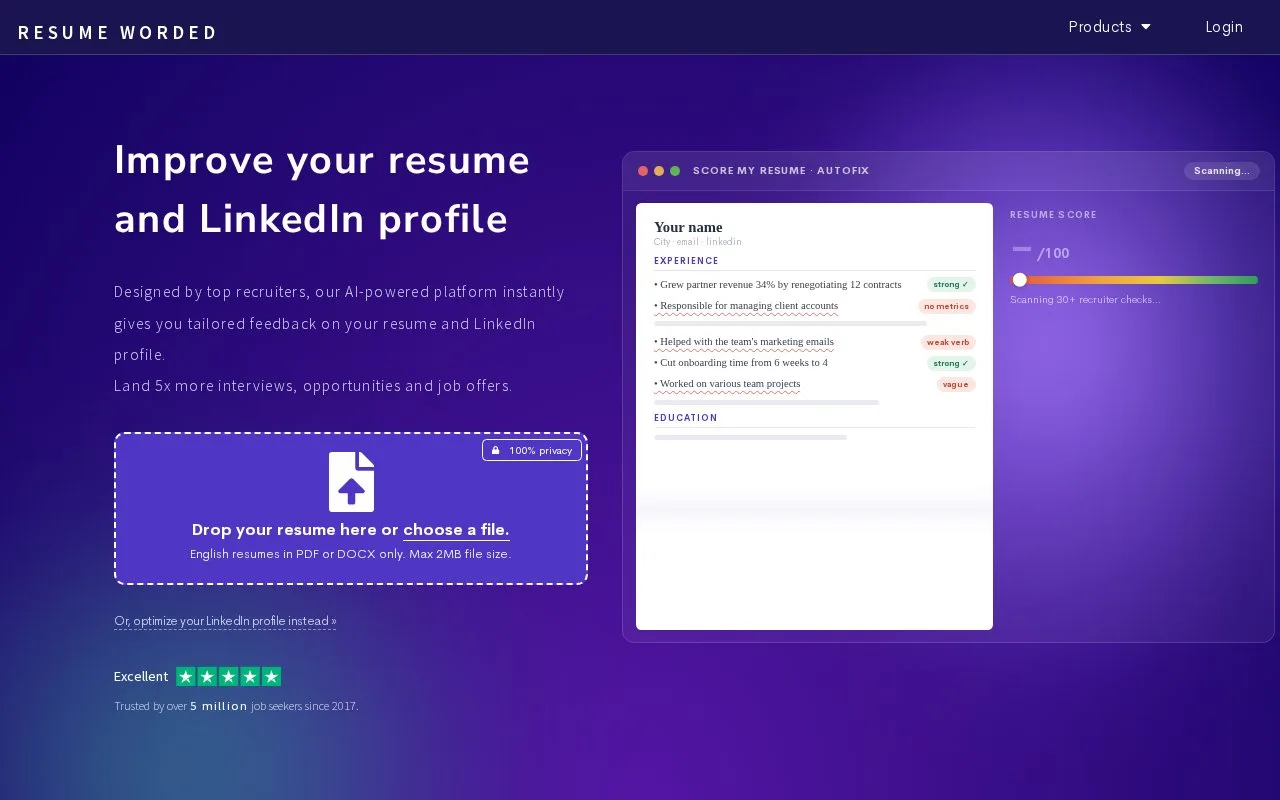 Screenshot of the Resume Worded homepage